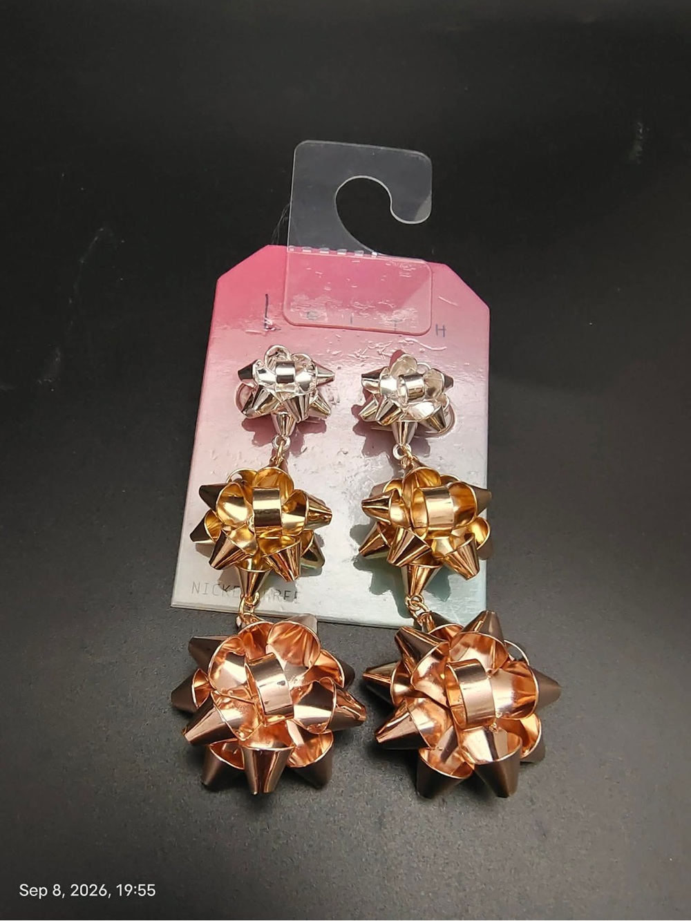 NWOT Leith Christmas Gift Wrap Bow Statement Earrings Silver Gold Copper